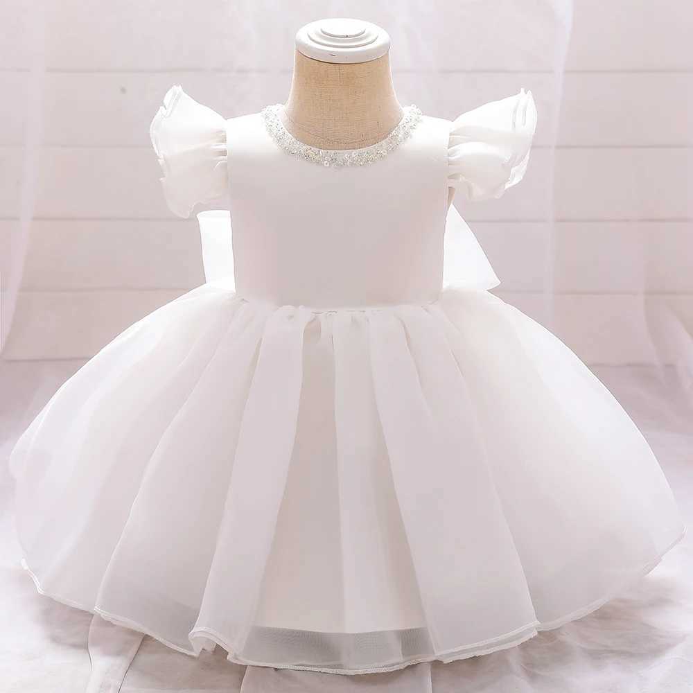 Summer Pink Cool kids Clothes Beading First Birthday Dress Baby Girl Ceremony Ball Gown Bow Princess Party 3 6 Months Dresses X250203