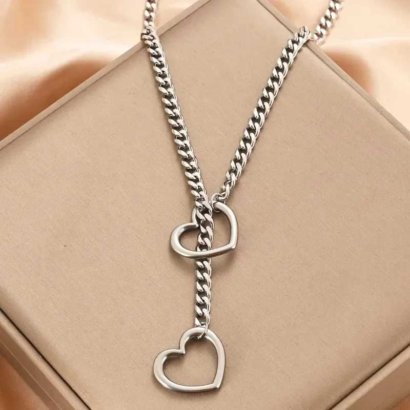 Stainless Steel Slip Chain Hollow Heart Pendant Necklace Long Tassels Fashion Sweater Chain Choker For Women Men Punk JewelryXJ250121
