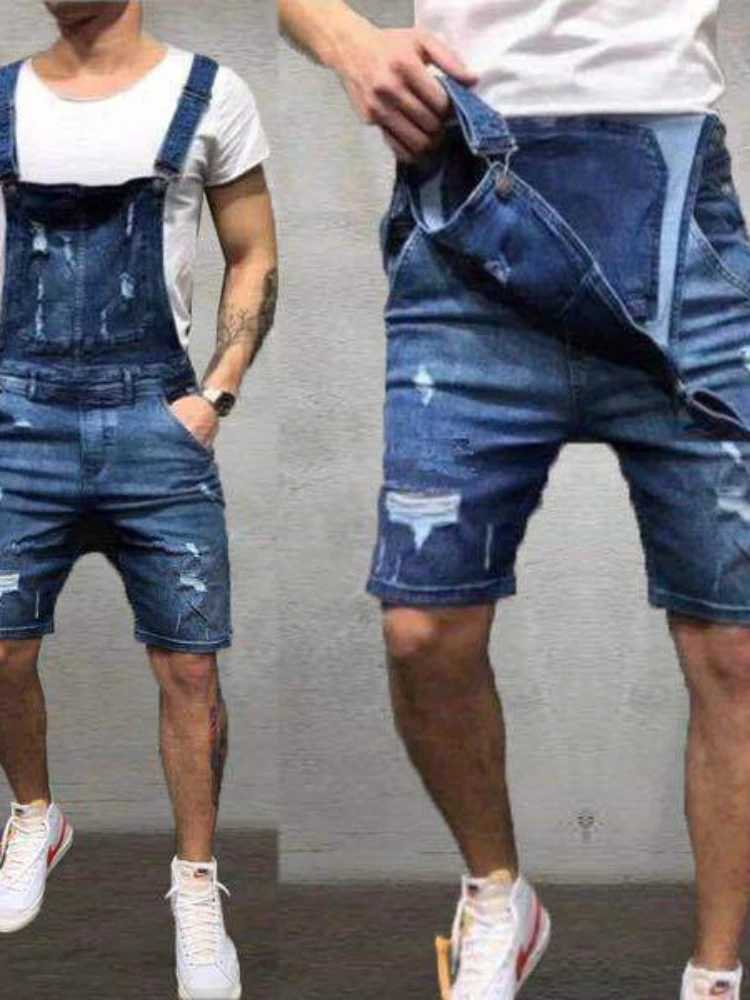 Mens Overalls Playsuits Denim One Piece Jeans Shorts Rompers Washing Slim Fit Holes Pockets Distressed Spliced Strtwear 2024 X250203