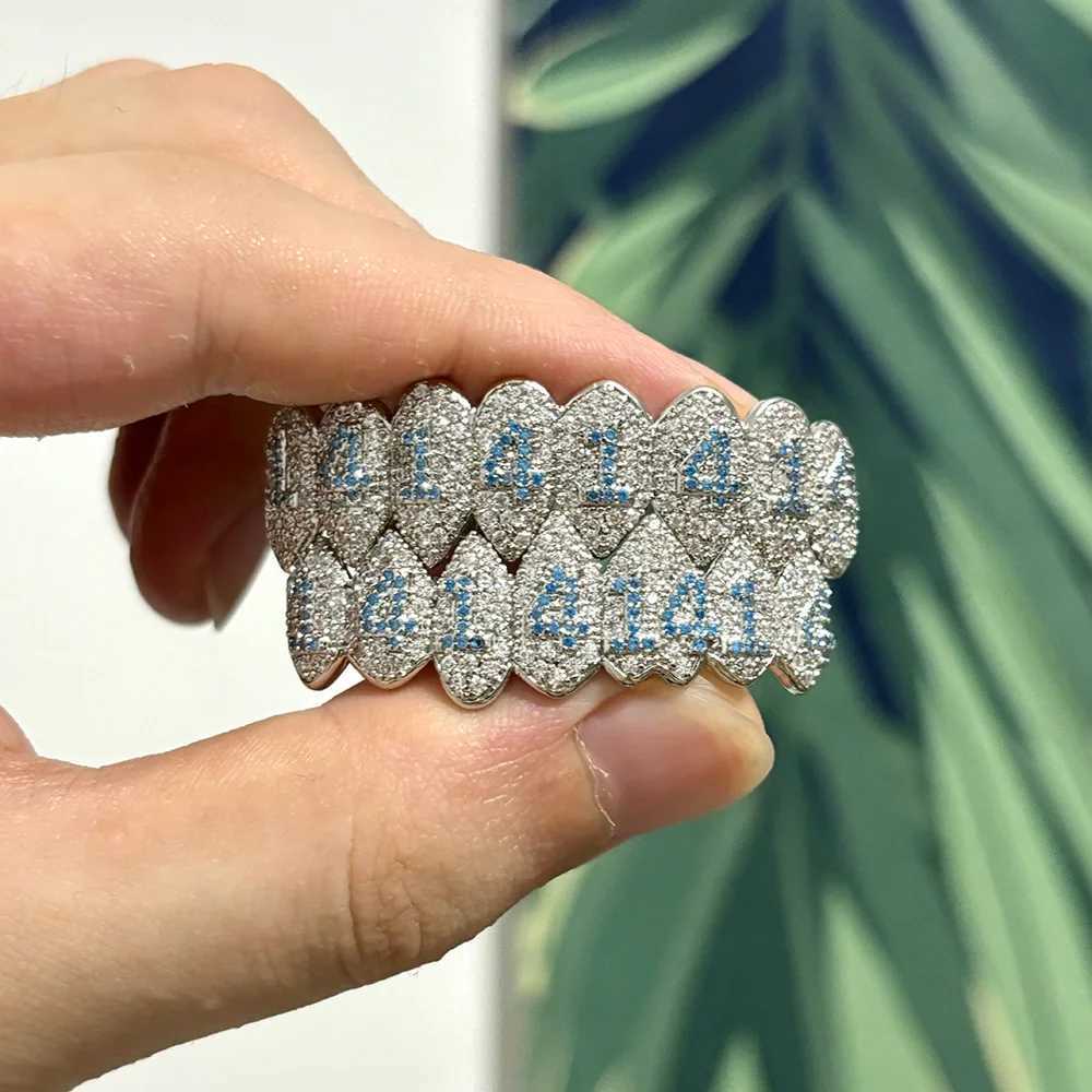 RACHELZ Hip Hop Full CZ Stone Number Teeth Grillz Fangs Top Bottom Fashion Blue Zircon Tooth Caps For Women Men Jewelry GiftXJ250114
