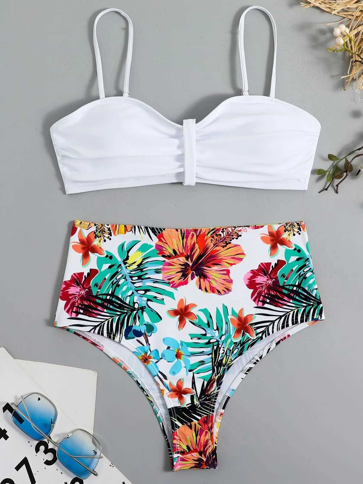2Pcs/Set Women Bikini Set Pleated Bandeau Adjustable Straps Bra Briefs Set Solid Color High Waist Floral Swimwear BeachwearXJ250120