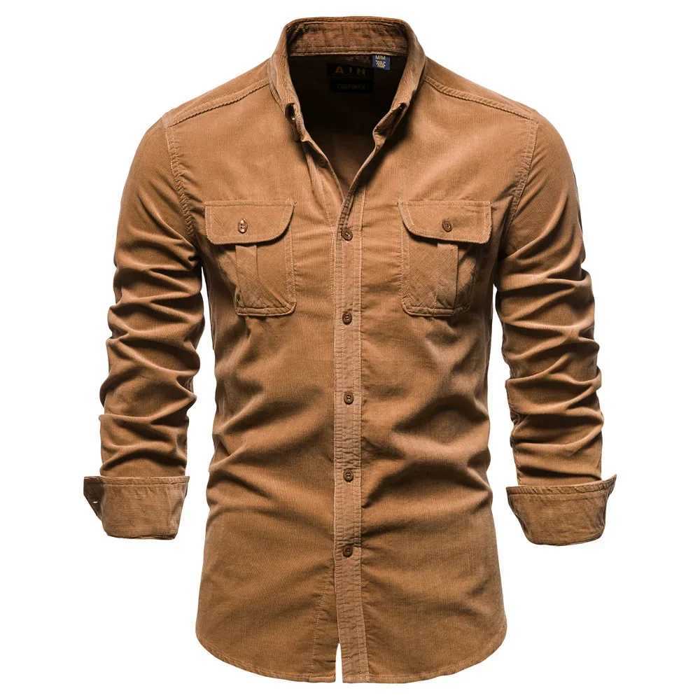 Quality New Single Breasted 100% Cotton Mens Shirt Business Casual Fashion Solid Corduroy Men Shirts Autumn Slim ShirtsXJ250121