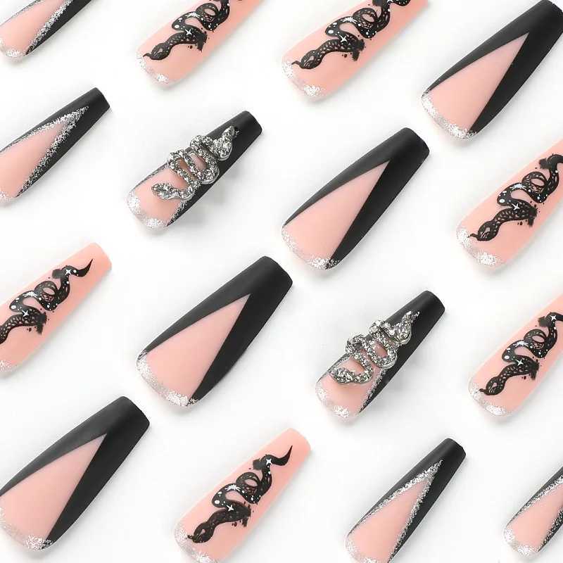 Black Silver Snake Jewelry Shiny Rhinestone Frosted Wearable Sexy Woman Party In Ballet Fake Art Nail Finished False Nail GlueW250120