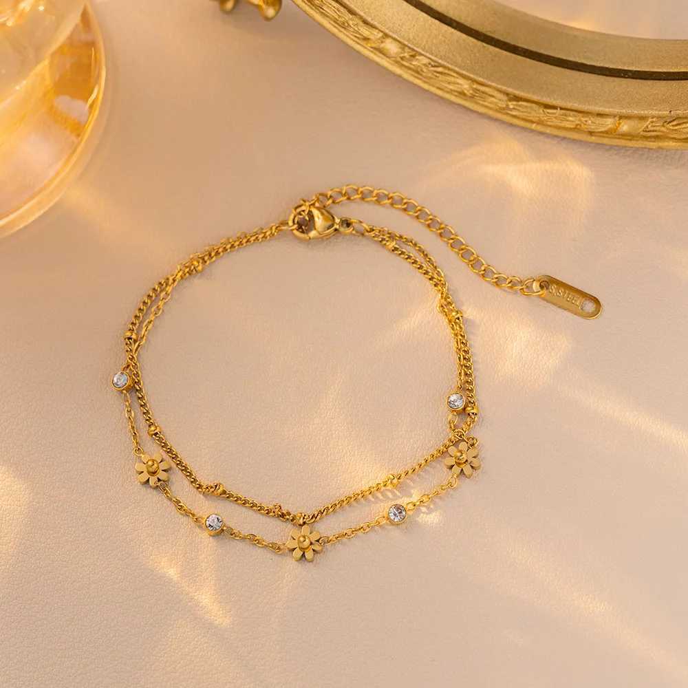 316L Stainless Steel New Fashion Fine Jewelry 2 Layer Embed Zircon Daisy Flowers Charm Chain Bracelets Bangles For Women W250121
