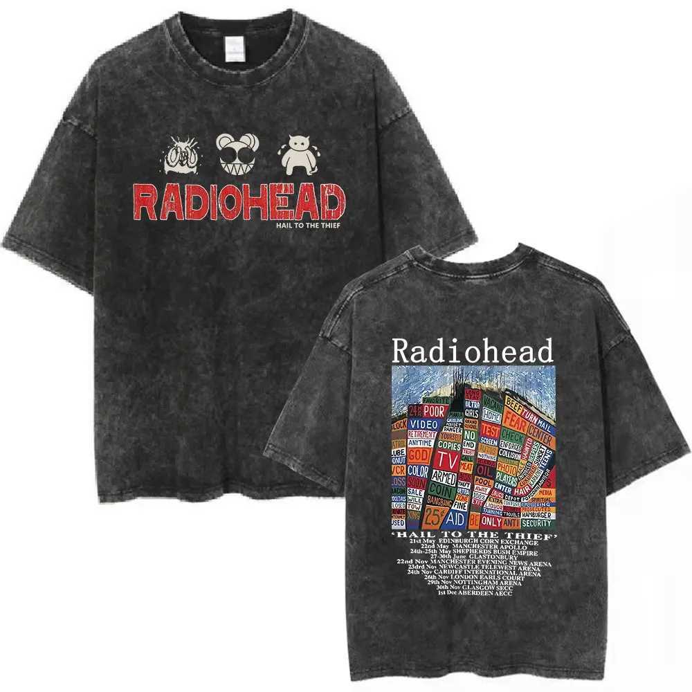 Radiohead Rock Band OK Computer Vintage Washed T-shirt Men Women Fashion Hip Hop T-Shirts 100% Cotton Casual T-shirts Streetwear X250203