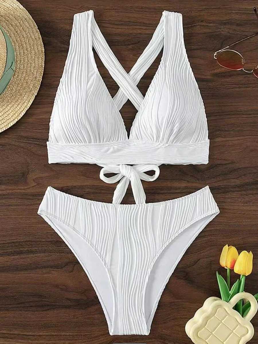 2025 Wrinkled Crinkled Bikini Women Swimwear Fe Swimsuit Two-pieces Bikini Set High Cut Bathing Suit Swim Beach Wear LadyXJ250120