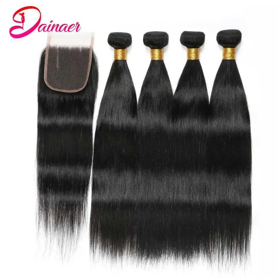 4 Bundles Indian Human Hair Straight Bundles With Clo 4x4 Lace Free Part Virgin Silky Straight Hair Extensions With CloXJ250120