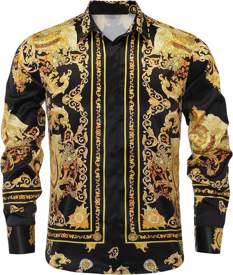 Mens Tops Gold Royal Fashion Luxury Comfort Elegant Mens Button Lapel Prom Party Male Shirt Gathering Street Mens TopsXJ250121