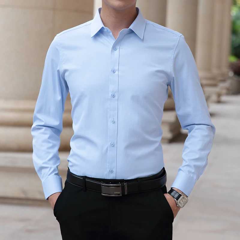 Business Mens Long Sleeve Shirts Elegant Solid Plain Bamboo Fiber Office Formal Dress Shirt Casual Standard Male Workwear ShirtXJ250121