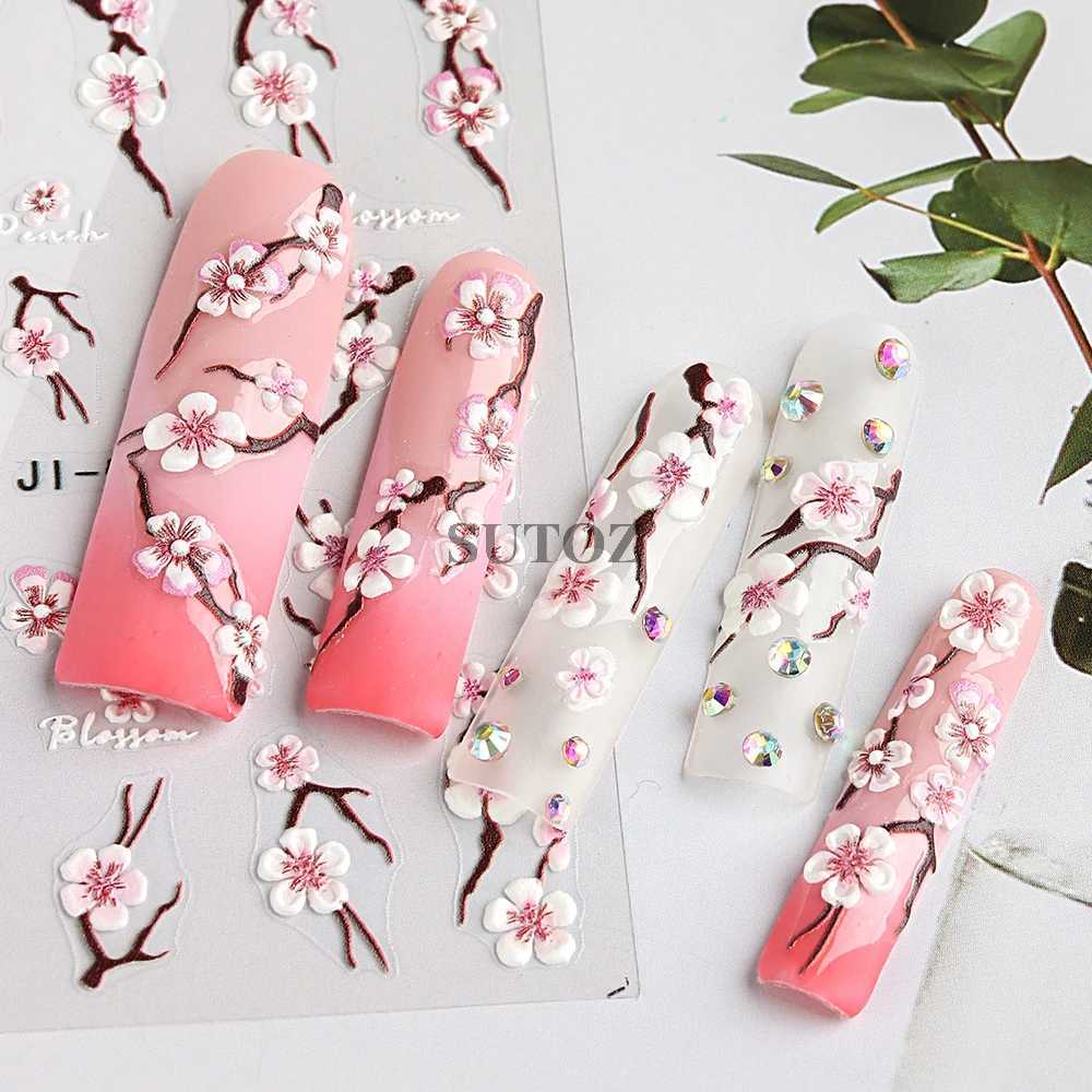 5D Cherry Blossom Nail Stickers Pink Petals Flowers Nail Decors Spring Summer Self-Adhesive Manicure Embossed Decals NLJI5D-105XJ250120