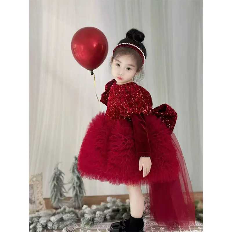 2025 Big bow Childrens Princess Evening Gown Sequin Design Wedding Birthday Baptism Easter Eid Party Girls Dresses X250203