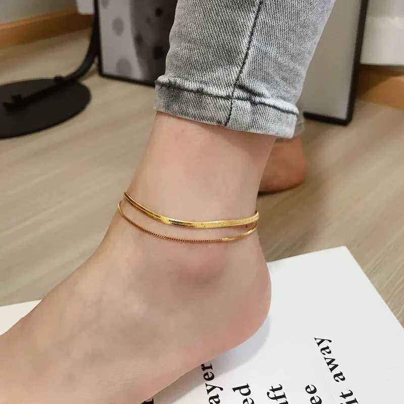Stylish simple double snake chain stainl steel female anklet timel gold colour female anklet jewelryXJ250121