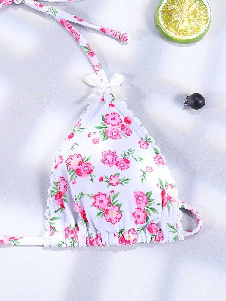 Floral Bikini Pink Swimwear Bow Swimsuit Women Low Waist Bathing Suit 2024 Summer Biquini Bandage Beachwear SexyXJ250120
