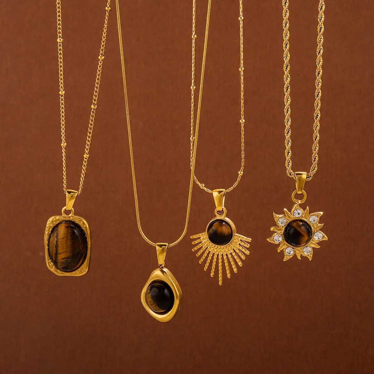 1 PCS Stainless Steel Brown Tiger Eye Stone Pendant Necklace for Women Men Vintage Fine Sweater Chain Jewelry Accessories 2024XJ250121