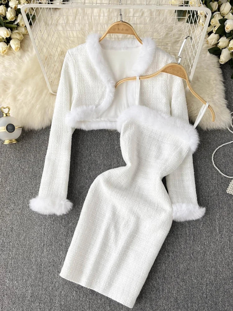FTLZZ Autumn Winter Women Two Piece Sets Long Sleeve Fur Short Coat and Sexy Spaghetti Strap Bodycon Dress Lady Party Suits 250116