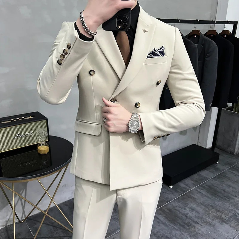 Jacket Pants Solid Color Formal Casual Business Office Double Buttons Suit Twopcs Set Groom Wedding Dress Party 250121
