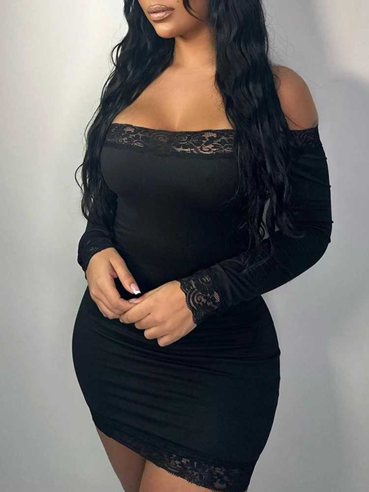 Solid Slim Lace Trim Off Shoulder Long Sve Black Short Dress Women Ele Sexy Party DressesXJ250115