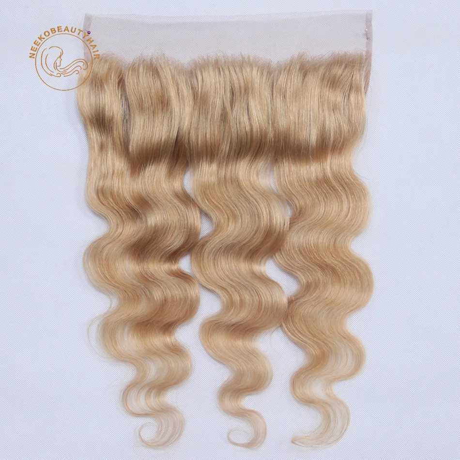Honey Blonde Human Hair Bundles with Lace Frontal Ash Blonde Colored Hair Bundles with Frontal Body Wave Hair Color #27XJ250120