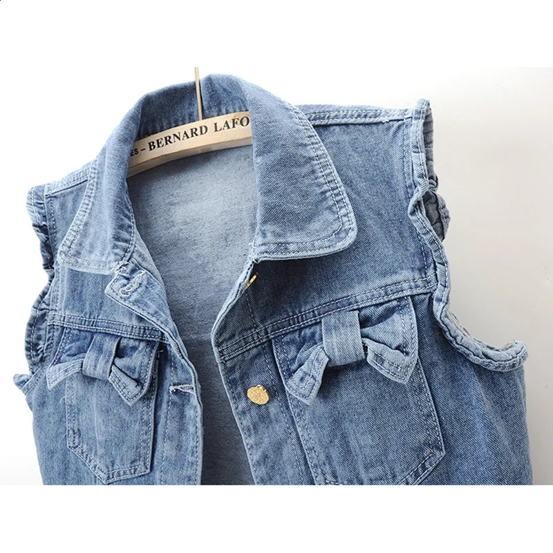 Vintage Blue Denim Vest Women Waistcoat Korean Cowboy Sleeveless Jacket Coat Spring Summer Bow Pocket Short Jeans Vest Female 250122