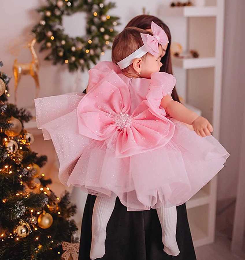 New Tailored Girls Dress Puffy Pink Kids Bow Christening Princess 1st Brithday Dresses Toddler Children Tutu Baby Girl Clothes X250203