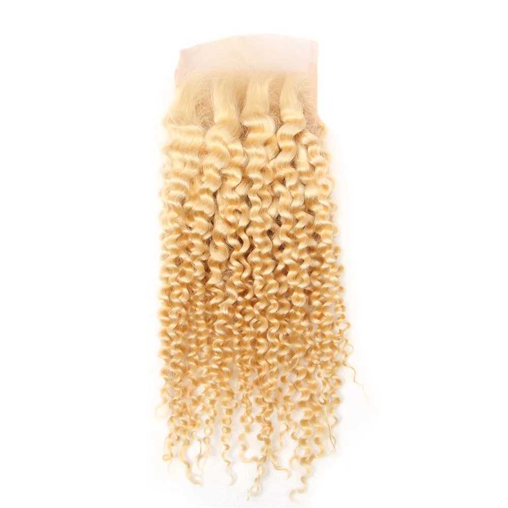613 Honey Blonde Kinky Curly 4x4 Lace Clo Free Part Transparent Lace 100% Human Hair Pre Plucked With Baby Hair 10-20 InchesXJ250120