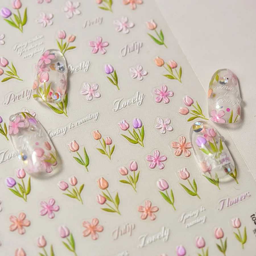 1pcs 5D Japanese Relief Tulip Nail Art Stickers Kawaii Daisy Flower Nail Decorations Decals Self Adhesive Slider DIY AccessoriesXJ250120