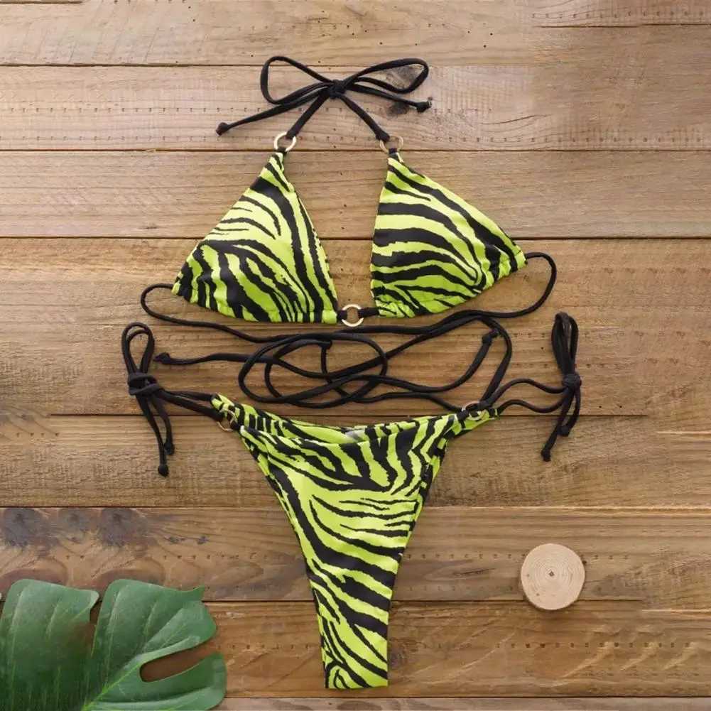 Zebra Print Swimsuit Zebra Print Halter Bikini Set with High Waist Lace-up Briefs Womens Summer Swimwear Set with for VacationXJ250120