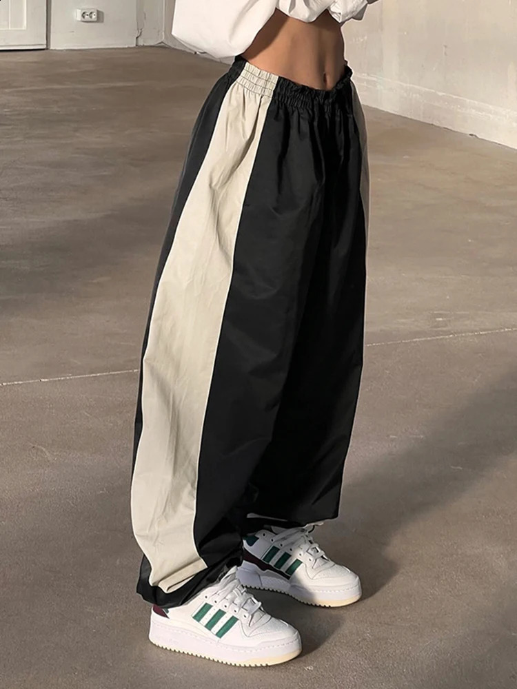 Contrast Patchwork Track Pant Elastic High Waist Casual Loose Hippie Baggy Trousers Woven Jogging Sweatpants 250113
