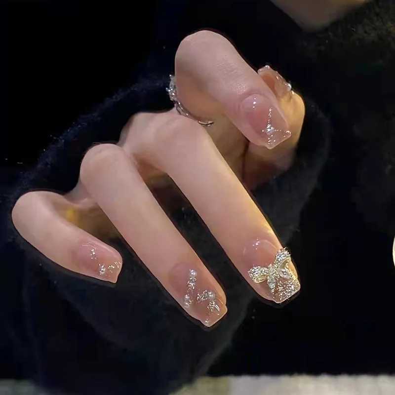 French Style False Nails Glitte Bow Design Fake Nail Patch False Nail Patch Mid Length Coffin Ballerina Acrylic Artificial NailsW250120