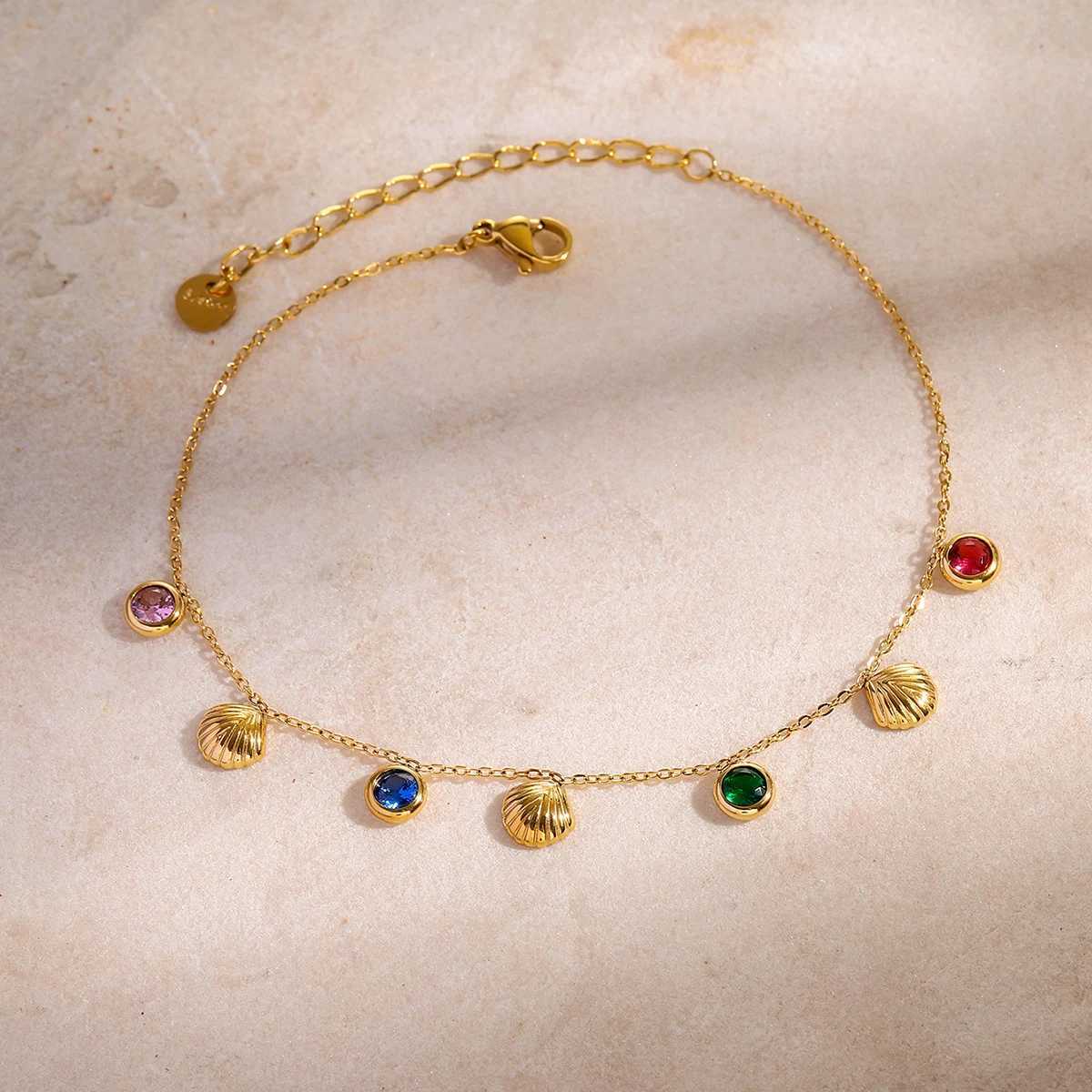 Uworld Colorful Shiny Cubic Zirconia Shell Stainl Steel Summer Anklet Fashion Tren Foot Chain Jewelry for Women XJ250121