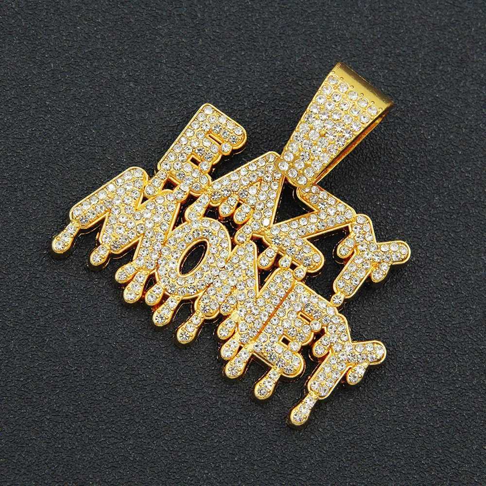 Fashion Rock EAZY MONEY Letter Pendant With 13mm Rhinestones Miami Cuban Chain HipHop Iced Out Bling Necklaces Charm Man JewelryXJ250121