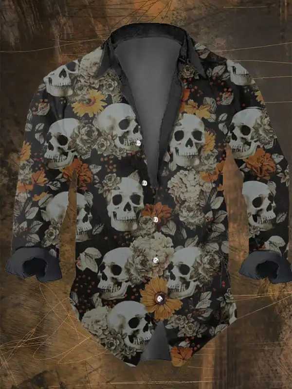 Mens Vintage Dark Skull Print Long Sleeve Shirt - Skull Print Lapel Collar Regular Fit Polyester BlendAll-Season WearXJ250121