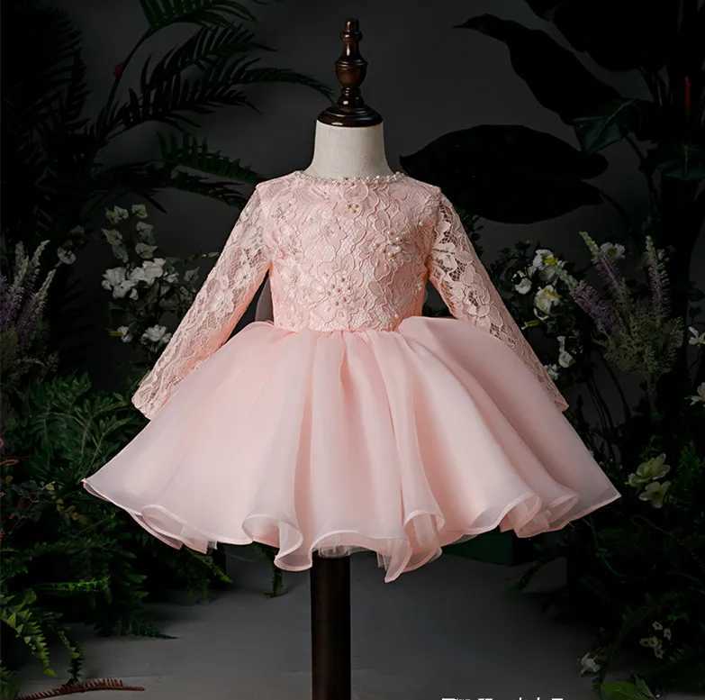 Cute Girl Baby Party Dress 1-Year Baby Girl Birthday Frog Crystal Bead Chiffon Long Sleeve Preschool Girl Christmas Dress X250203