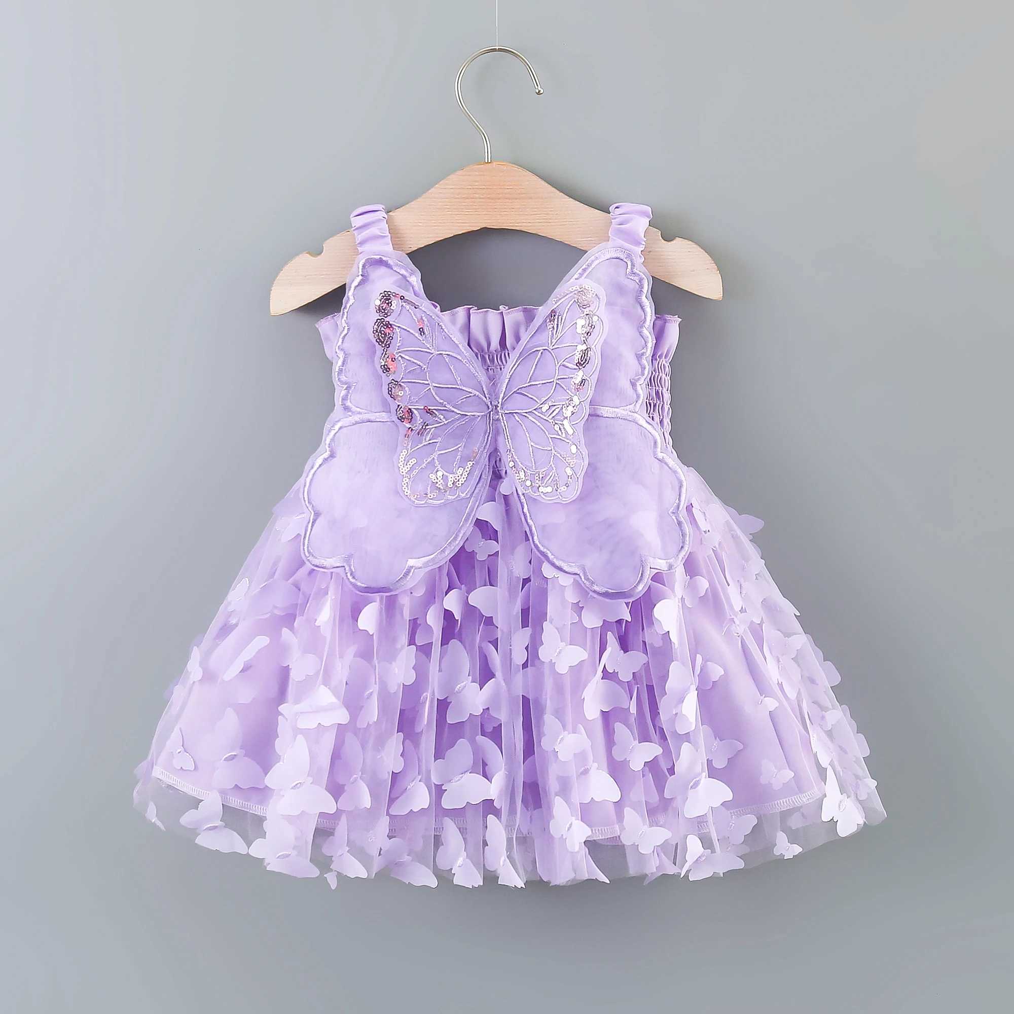 Girls New Summer Dress With Large Butterfly Wings On The Back Drawstring Waist Mesh Colorful Butterfly Princess Party Dress X250203