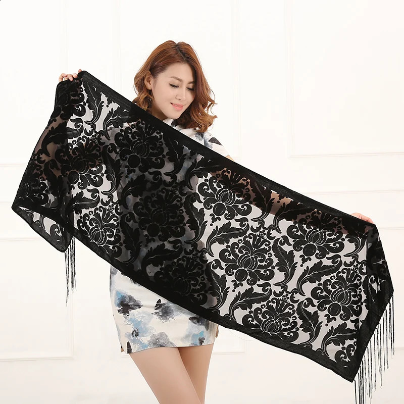 Solid Color Floral Print Long Scarf Winter Burnout Velvet Hijab Head Scarf Shawl Poncho Women Fashion Gift For Lovers 250120