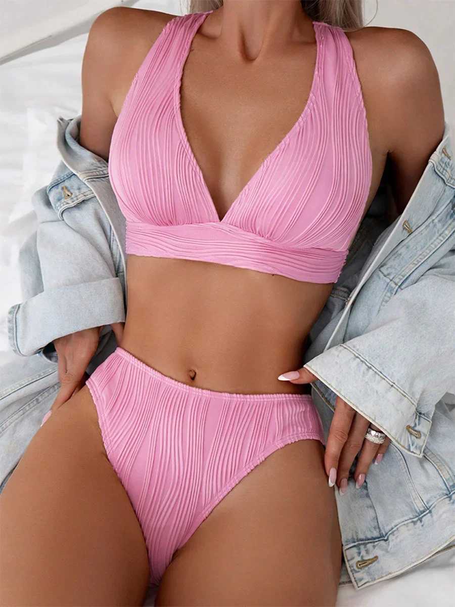 2025 Wrinkled Crinkled Bikini Women Swimwear Fe Swimsuit Two-pieces Bikini Set High Cut Bathing Suit Swim Beach Wear LadyXJ250120