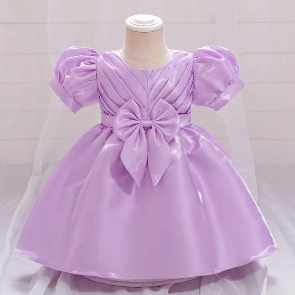 Fold Bow Baby Girls Party Dress Puff Sleeve Purple 1st Birthday Wedding Princess Dresses for Kids Baptism Bridemaid Prom Costume X250203