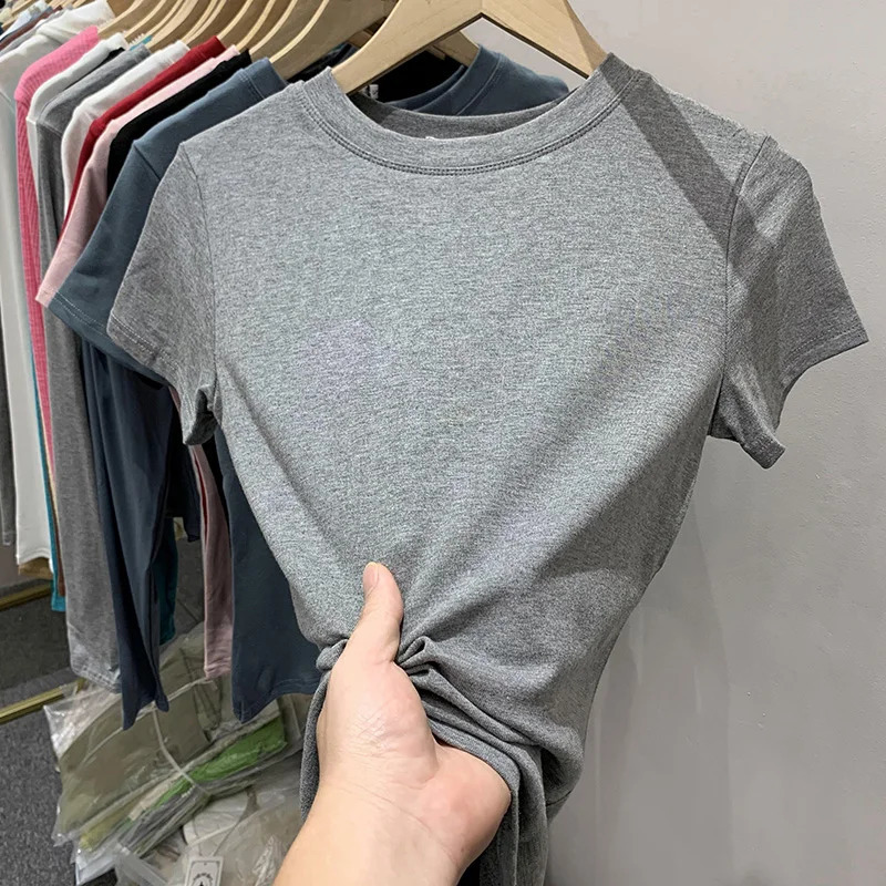 100% Cotton T Shirt Women Summer Slim Solid Basic Tees Casual Tshirt Korean O Neck Black White Gray Short Sleeve Tops 250122