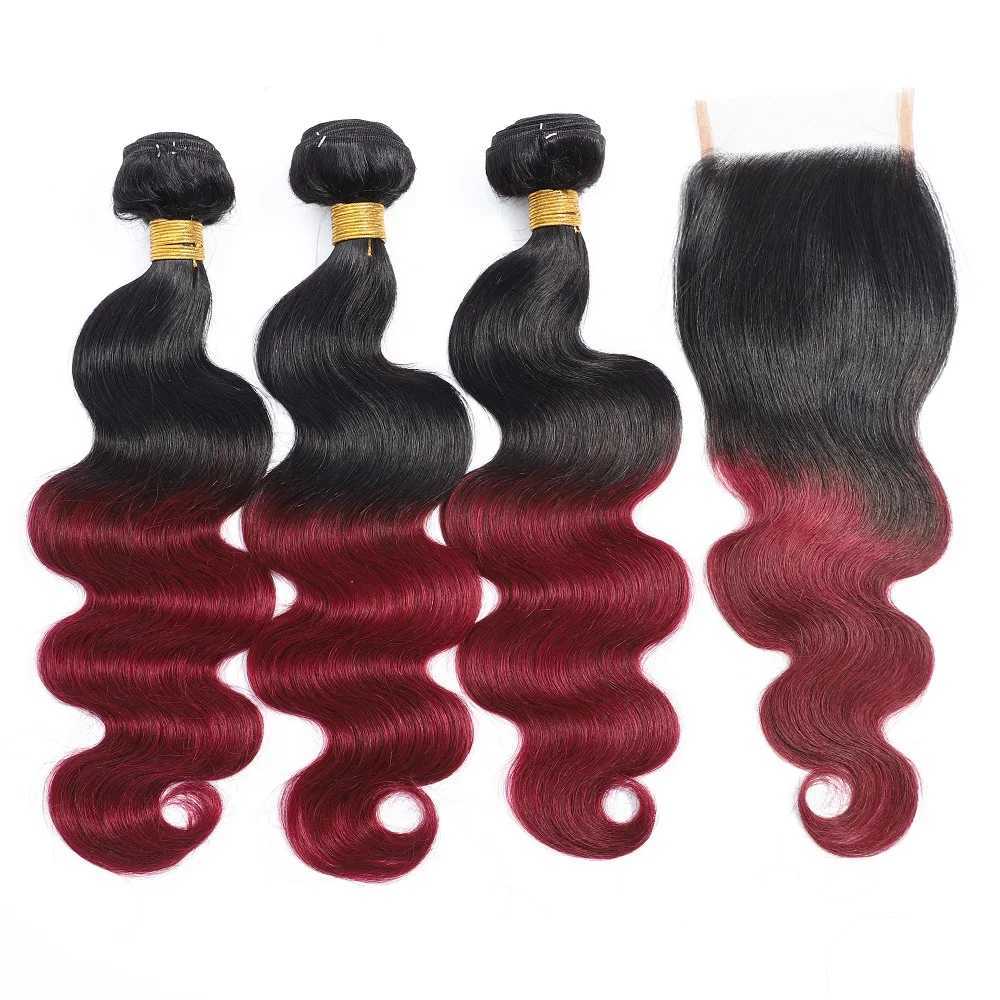 Ombre Body Wave Bundles With Clo 1B/99J Human Hair Bundles With Clo Brazilian Burgundy Bundles with CloXJ250120