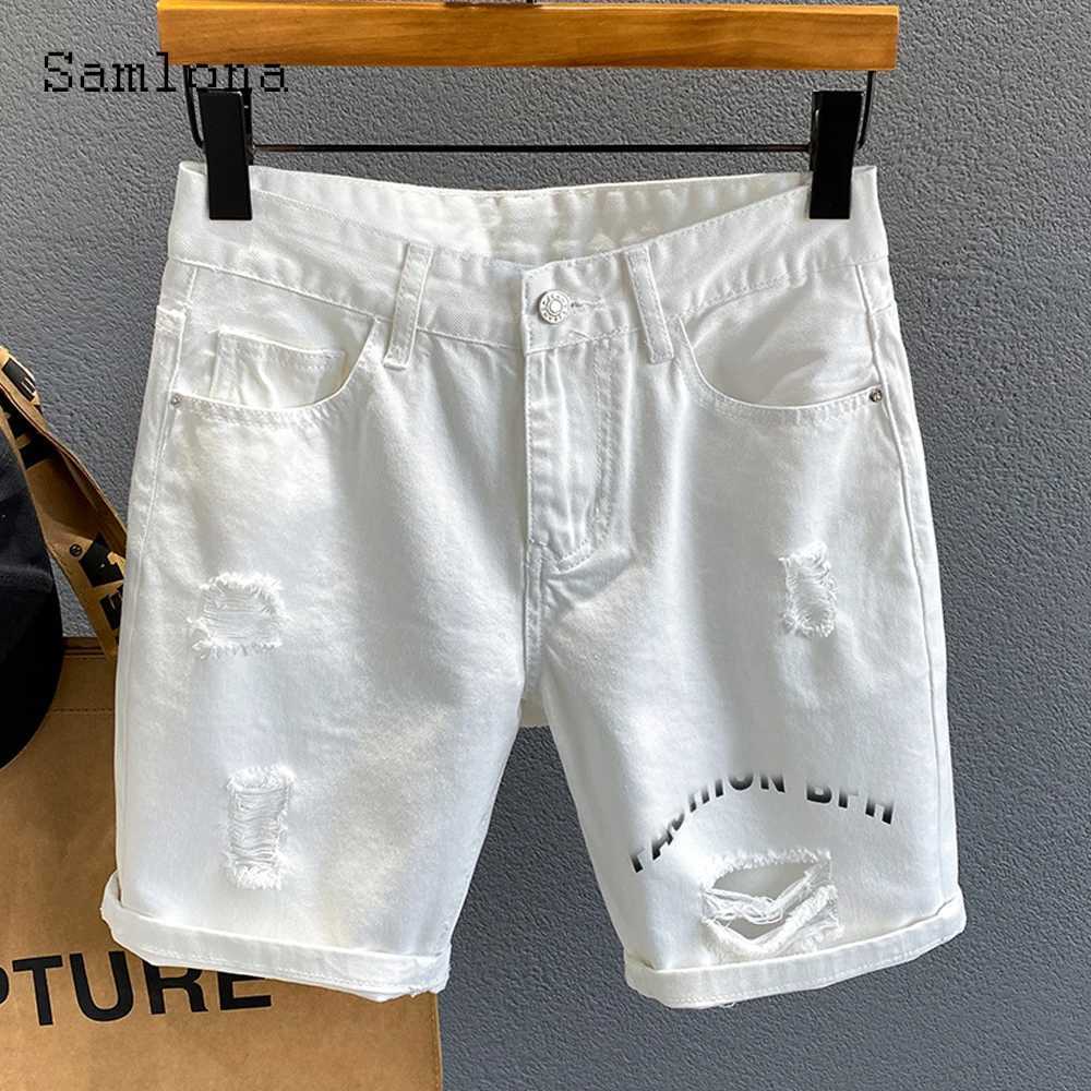 Samlona Plus Size Men Fashion Bottom Mid Waist Crimping Denim Shorts Loose Vintage Hole Ripped Short Jeans Male Summer Hotpants X250203
