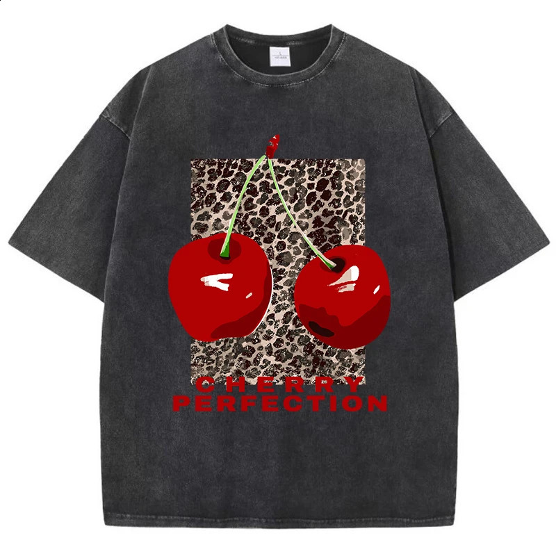 Cherry perfection Washed T Shirt Women Cotton Leopard Prints Oversize Tops Vintage Black ONeck TShirts Summer Woman Clothes 250122