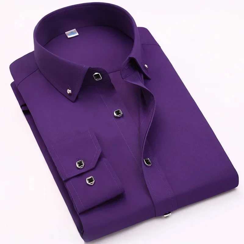 Quality Luxury Mens Diamond Button Solid Dress Shirt Casual Standard-fit Comfortable Soft Long Sleeve Shirt Men ClothingXJ250121
