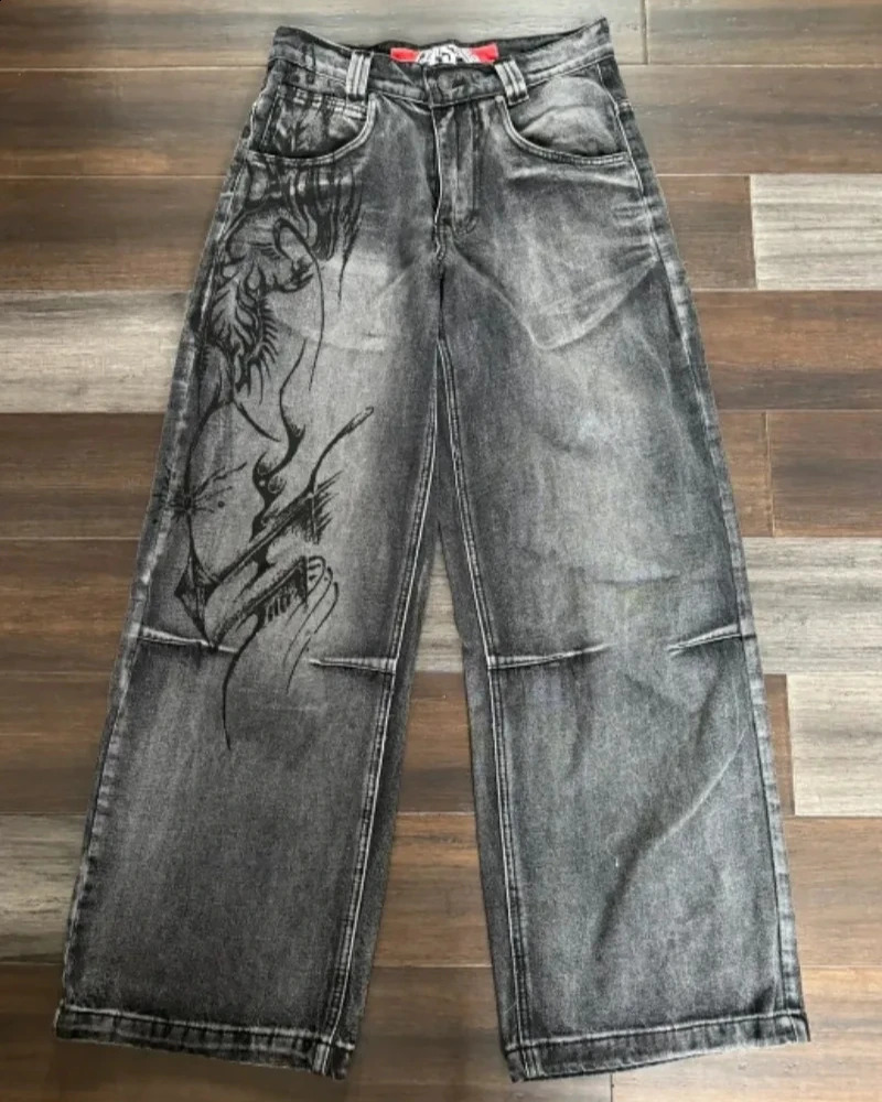American Harajuku Vintage Oversized Printed Jeans Women Y2K Washed Old Hip Hop Gothic High Waist Wide Leg Trousers 250120