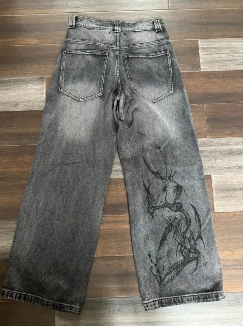 American Harajuku Vintage Oversized Printed Jeans Women Y2K Washed Old Hip Hop Gothic High Waist Wide Leg Trousers 250120