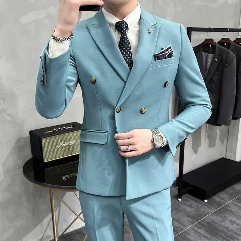 Jacket Pants Solid Color Formal Casual Business Office Double Buttons Suit Twopcs Set Groom Wedding Dress Party 250121