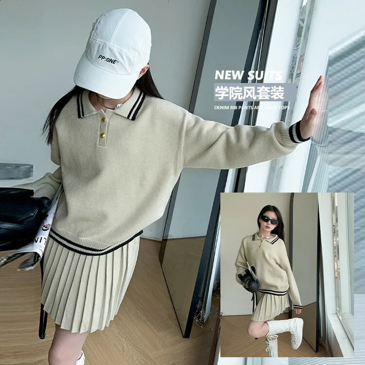 winter spring Girls set Clothes teenager knit sweatshirts sweater short pleated skirt baseball 4 8 10 12 year tracksuit 250117