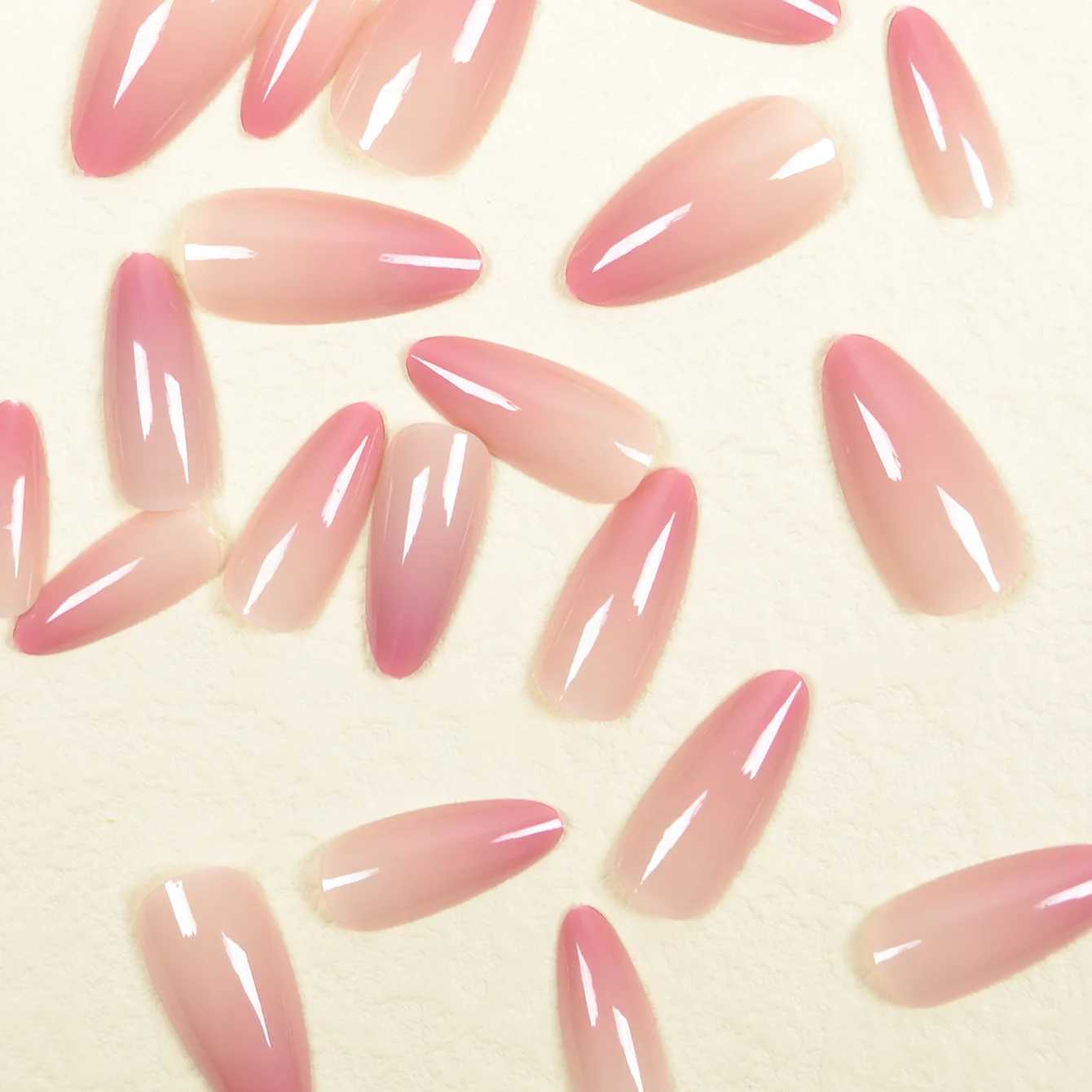 Ins Sweet Gradient Pink Fake Nail Patch Almond Gloss Korean Fake Nail Wearable 24 Piece Artificial Nail Free ShippingW250120