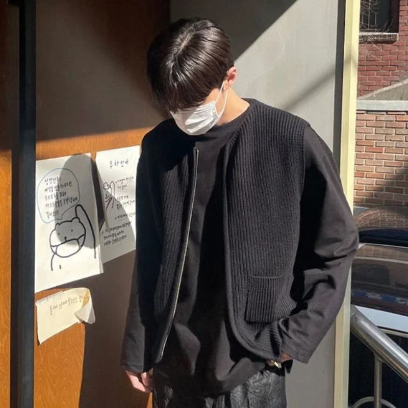 Knit Sweater Male with Pockets Vest Zipper Sleeveless Zip-up Mens Clothing Waistcoat Jacket Coat Jumpers 90s Vintage Street X A 250108