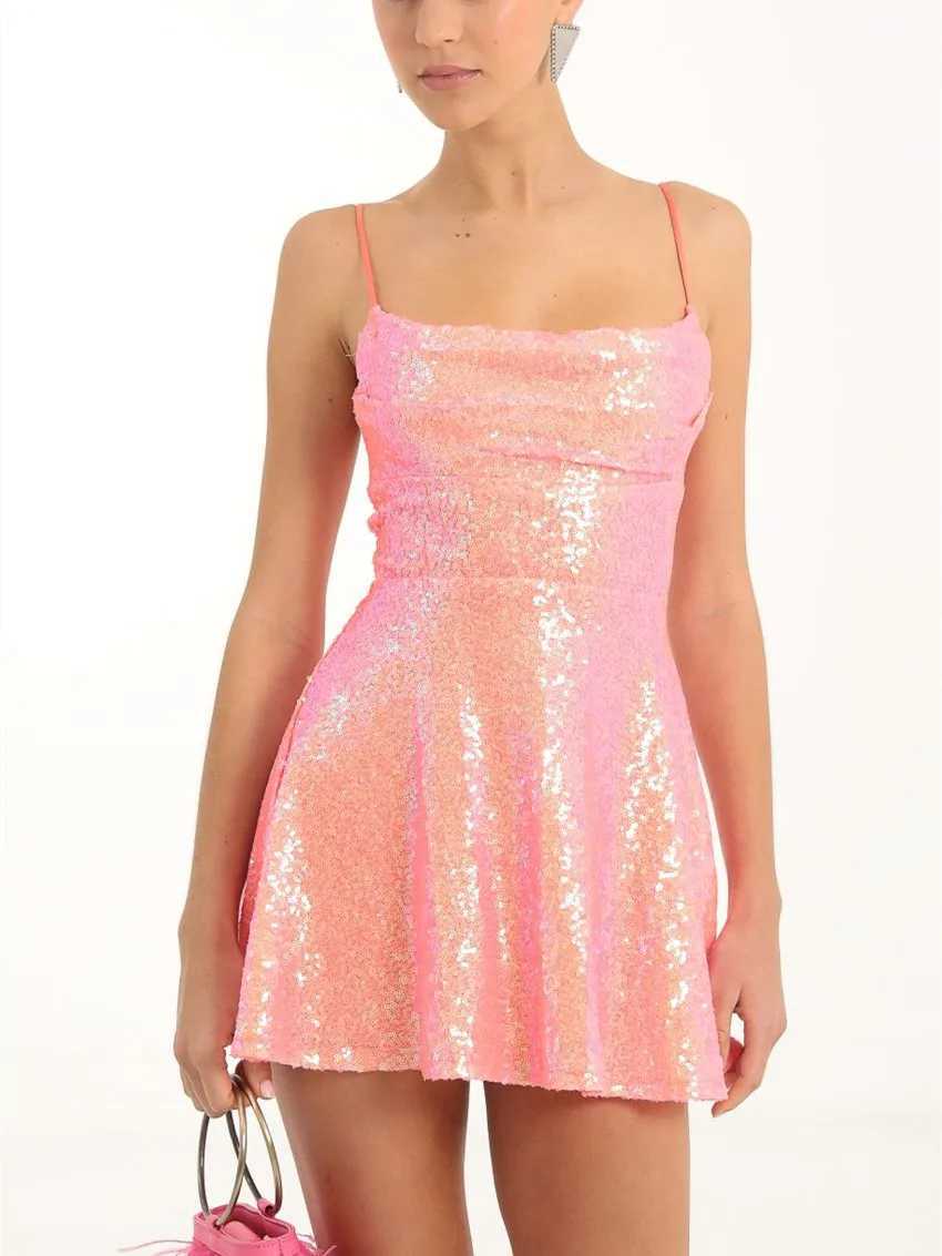 Fashion Women Sparkle Sequin Mini Dress Y2k Spaghetti Strap Backless Glitter A-Line Dresses Low Cut Bodycon Disco DressXJ250115