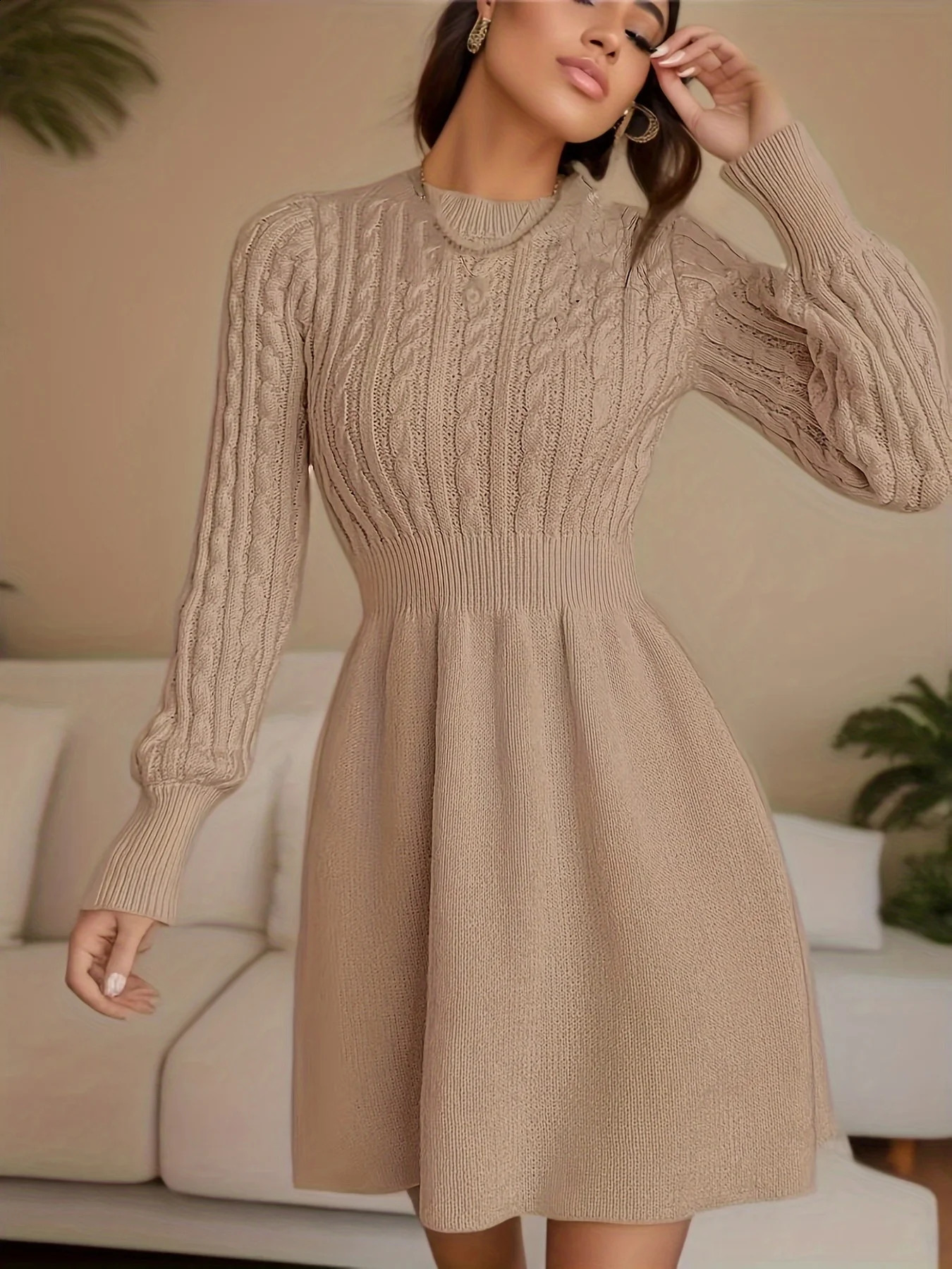 Solid Cable Knit Sweater Dress Casual Crew Neck Long Sleeve Dress Womens Clothing 250122